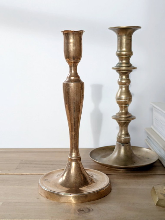 Image 1 of Set of 6 Vintage Brass Candleholders: Mixed-Height and Designs, Holiday Table