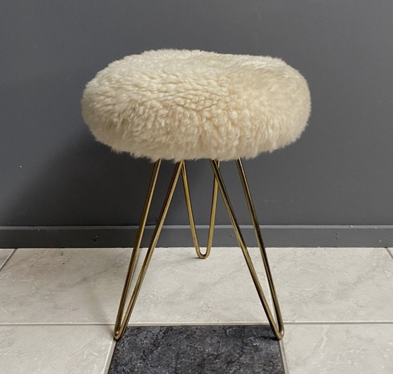 Image 1 of wool top brass small stool 1960s Sheep skin top