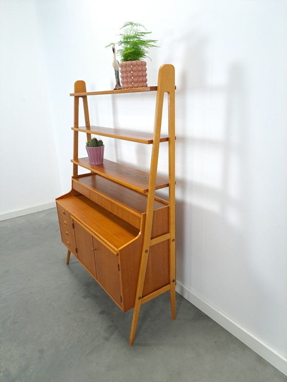 Image 1 of Teak Veneer Cabinet From Sweden With Drawers, Shelf And Extendable Shelf