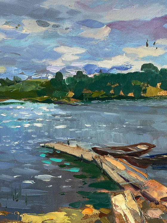 Image 1 of Origineel olieverfschilderij: Natuurlandschap, Kerk, Boot, Zomer, Vissen op de rivier