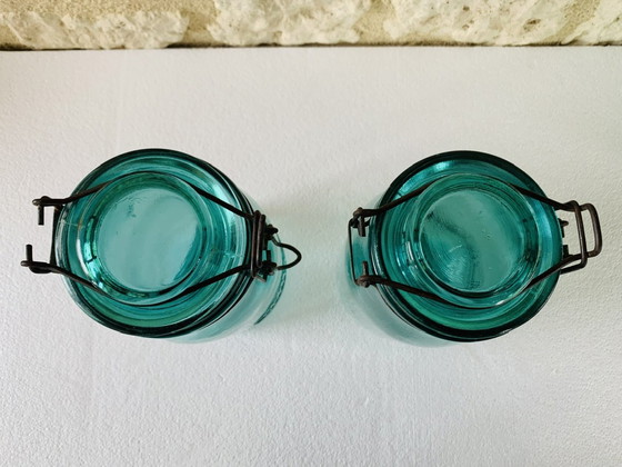 Image 1 of Pots en verre turquoise de Solidex, 1940s, ensemble de deux.