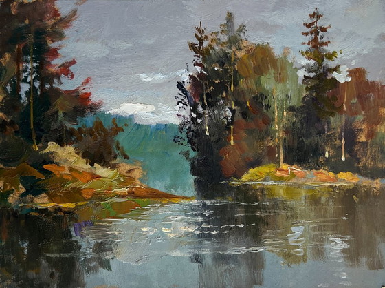 Image 1 of Original Oil Painting Gloomy Forest Landscape A river washes through the autumn forest