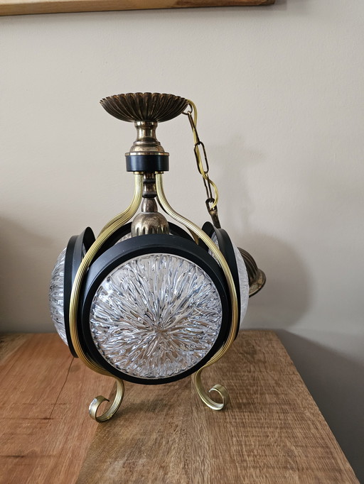 Vintage pendant lamp brass and black with 4 glass shades