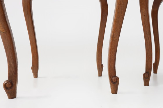 Image 1 of Pair of French Louis XV Style Nightstands in Oak with Carrara Marble Top