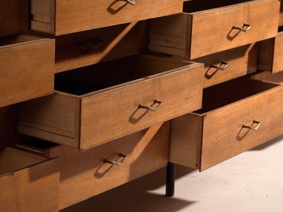 Vintage Twenty-Drawer Counter Chest, Central Europe, circa 1950, Storage cabinet, Glass, Brass, Black (photo 7 of 21)