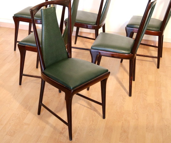 Image 1 of Set of 6 mid-century chairs by Osvaldo Borsani, Atelier Borsani Varedo, mahogany, rosewood, leather, and brass, Italy, 1950s