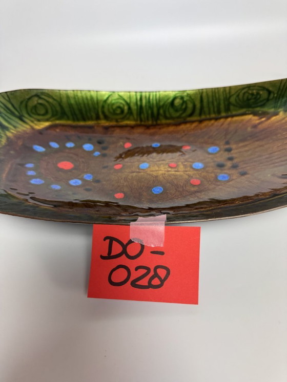Image 1 of Large mid-century Italian Copper Bowl with Bright Enamel Decorations in warm and vibrant colors by Studio Laurana, Pesaro Italy