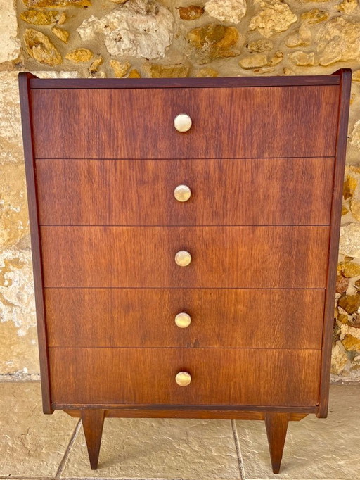 Cómoda de roble de mediados de siglo con cinco cajones, década de 1950