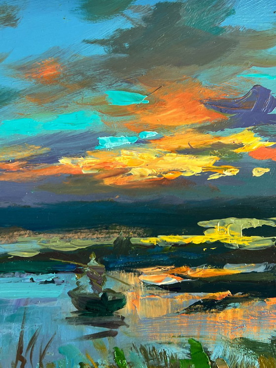 Impressionistisches Landschafts-Ölgemälde mit Boot und Sonnenuntergangsfischen, Gemälde & Zeichnungen, Holz (Foto 9 von 11)