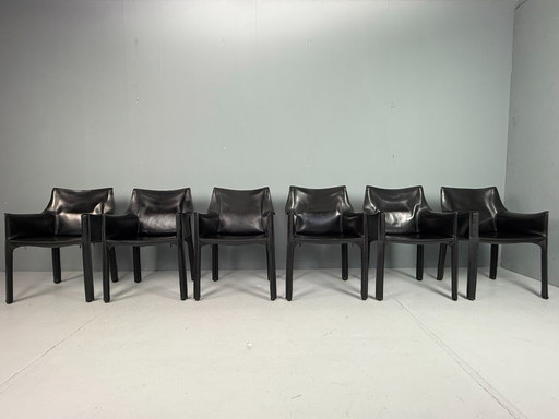 Set di sei sedie da pranzo Mario Bellini CAB 413, in pelle nera, 1977