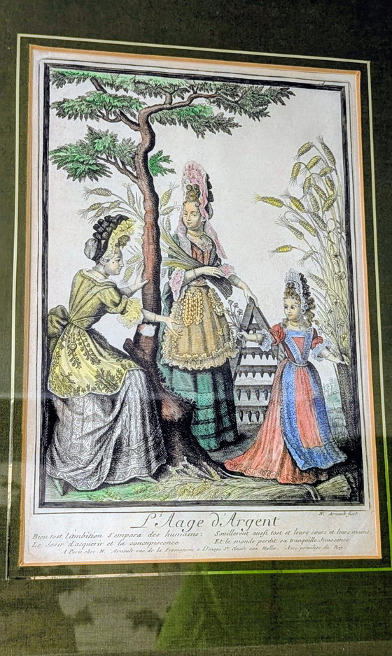 19th century. Antique colored copper engraving L’Âge d’Argent – ​​framed – Paintings & Drawings, Paper (photo 7 of 11)