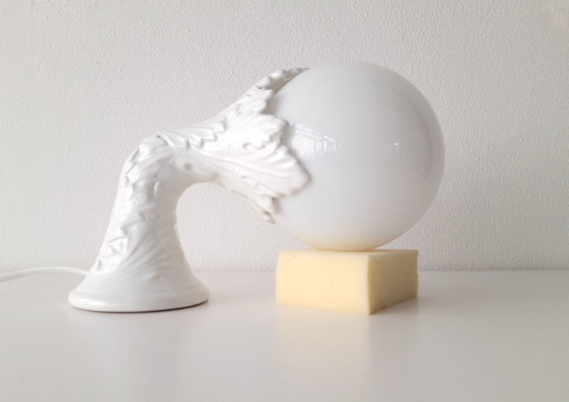 Sculptural porcelain wall lamp, ceramic leaves with glass bulb lamp
