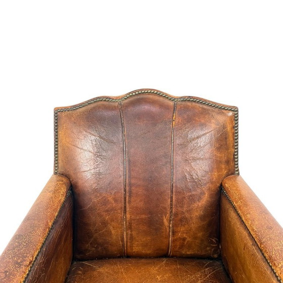 Image 1 of Antieke Franse moustache fauteuil – cognac leren clubstoel – begin 20e eeuw