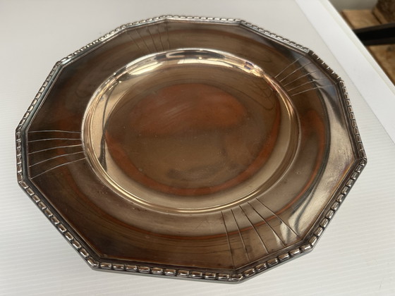 Image 1 of Coupe - Centre de Table Art-Déco en Métal Argenté Forme Octogonale