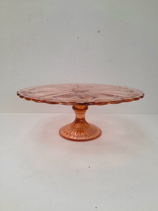 Plateau à Tarte sur Pied en Verre Pressé Rose