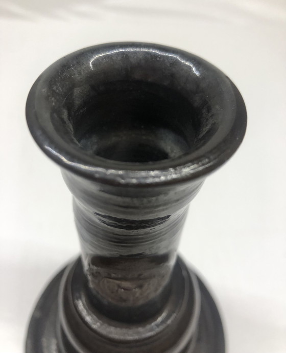 Image 1 of Vintage Black Ceramic Candle Holder Signed AP