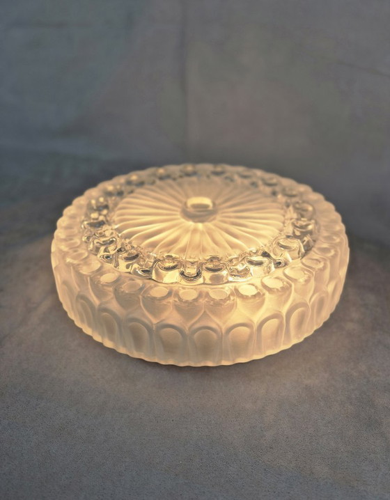 Image 1 of Vintage Pressed Glass Flush Mount Ceiling Light, Mid-Century Style, 2x E27, 29.5 cm