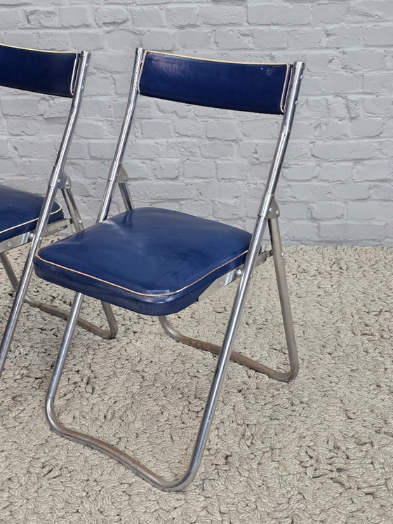 Mid-Century Design First Edition Patented Deep Blue Dico Folding Chairs, Set of 2, Netherlands, 1940s – Chrome (photo 4 of 9)