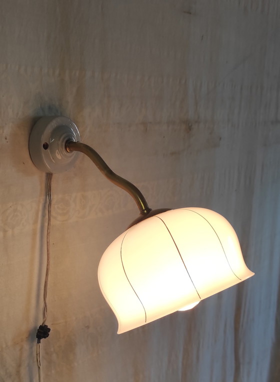 Image 1 of Vintage wall sconce in brass, porcelain and opaline glass - mid-20th century