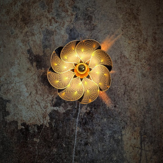 Image 1 of Flower wall lamp, Nymphéa model, 8 petals in rattan and fabric (customizable shade)