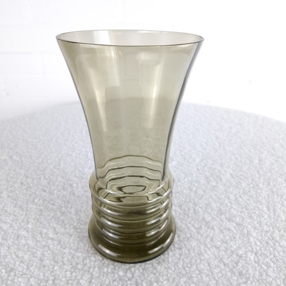 Image 1 of Vintage Copier Art deco vaas jaren 30 rookglas ribbelvaas