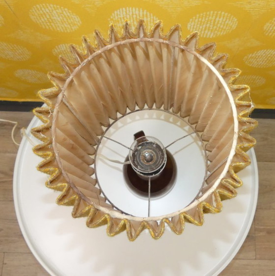 Image 1 of Table lamp 70s amber glass base light yellow patterned pleated shade vintage retro seventies space age flower power