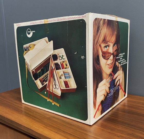 Image 1 of 1970s plastic brown sewing box in original box