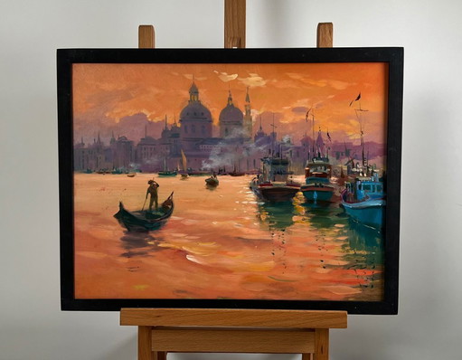 Original Oil Painting Evening City Landscape The atmosphere of the Venetian city