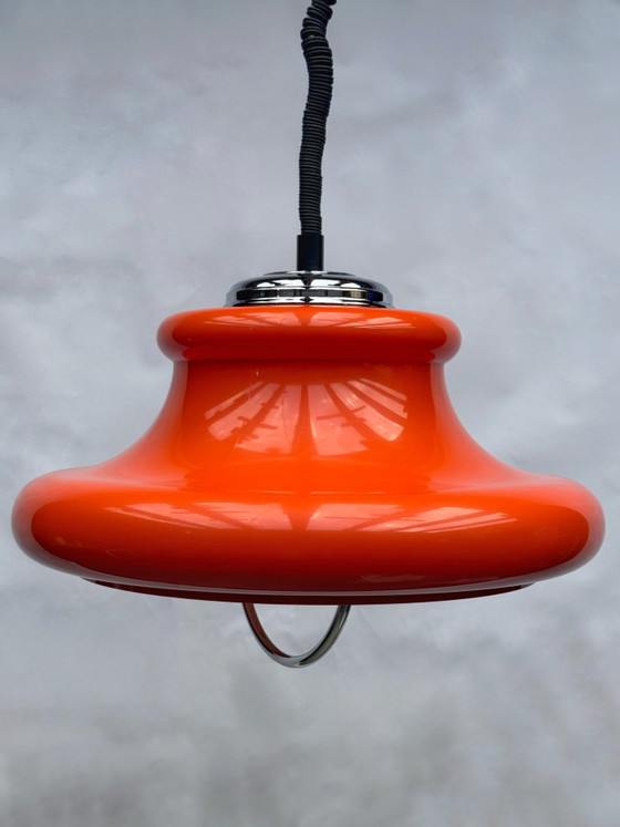 Vintage 1970s Space Age Orange Acrylic Pendant Lamp | Meblo Style – Plastic, Chrome (photo 6 of 6)
