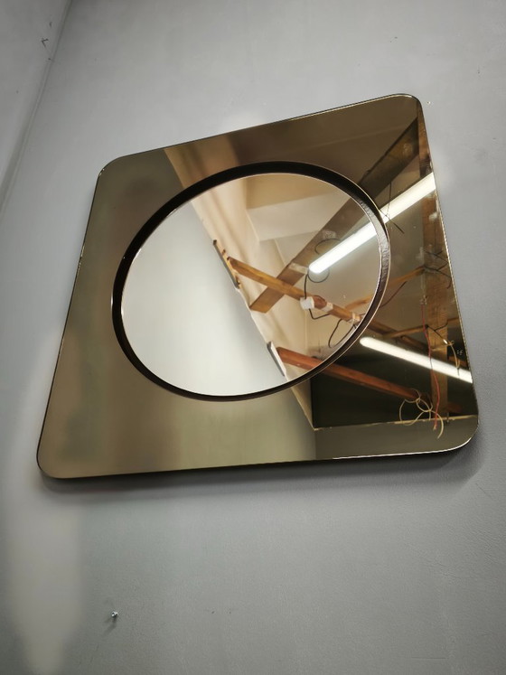 1970s Italian Space Age Smoked Glass and Circular Wall Mirror (photo 8 of 11)