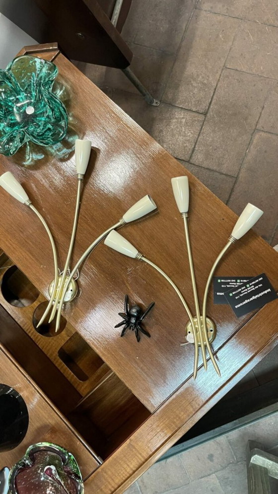 Paar Wandleuchten aus den 60ern, Messing, Metall, Creme, Mid Century Modern (Foto 3 von 5)