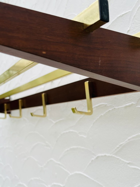 Image 1 of Vintage 1970s wooden and brass wall-mounted coat rack