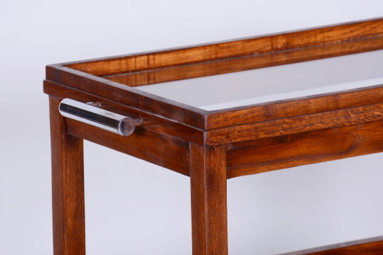 Gerestaureerde art-deco trolley van Thonet, eikenhout, glas, fineer, chroom, Tsjechisch, jaren 1920. (photo 14 of 16)