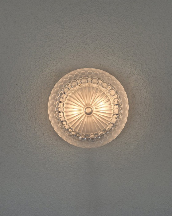 Vintage Pressed Glass Flush Mount Ceiling Light, Mid-Century Style, 2x E27, 29.5 cm, Ceramic, Transparent (photo 3 of 19)