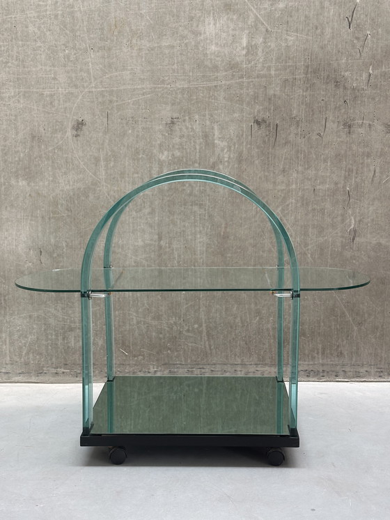 Image 1 of Curved green glass bar cart by FIAM - Italy - 1980s