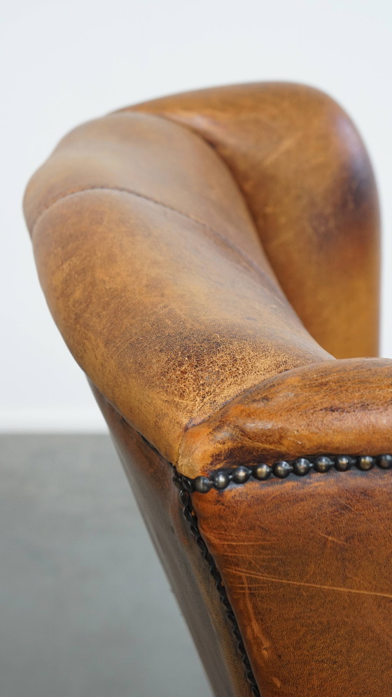 Image 1 of Vintage Oorfauteuil Gemaakt Van Schapenleer