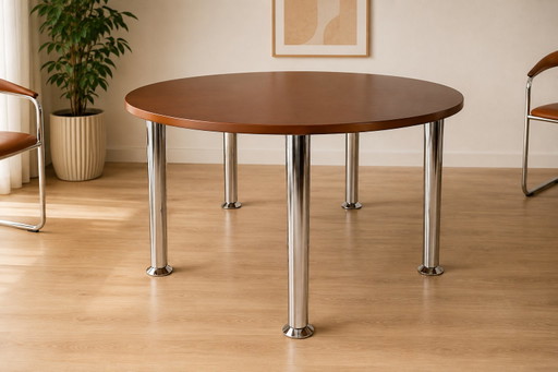 PARADOR Design Eetkamerset 1987 | Originele showroom | 5 leren en chromen stoelen & ronde tafel – Leather (photo 2 of 12)