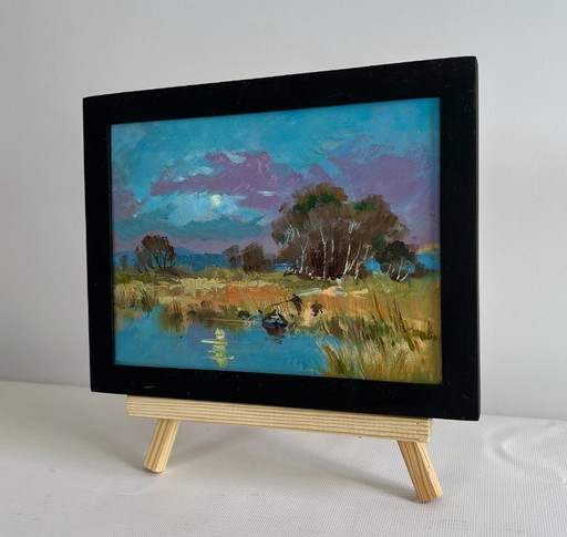 Origineel olieverfschilderij: Zomerlandschap aan het meer, in een veld vlakbij het meer.