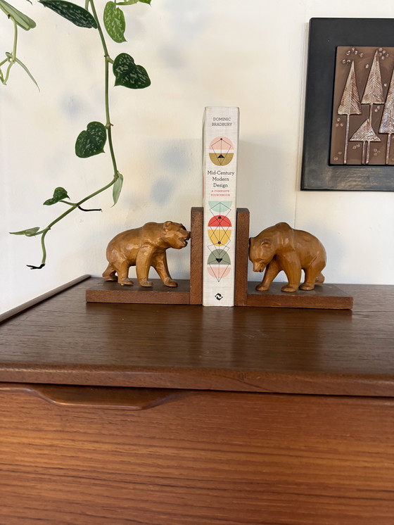 Image 1 of Set of 2 vintage teak bear bookends '60
