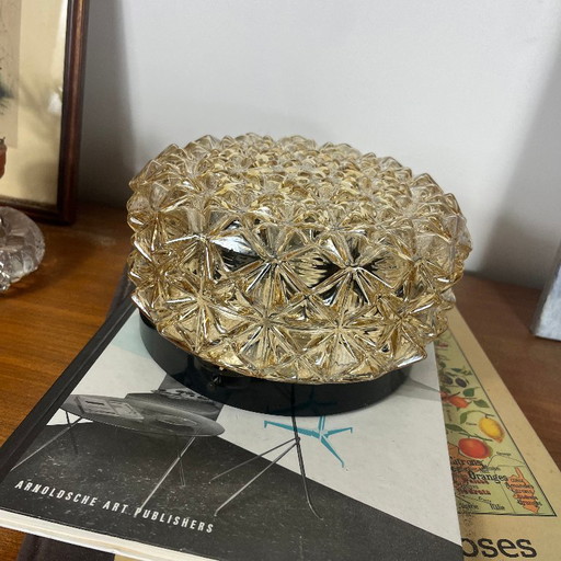 Vintage 1970s 1980s Round Amber Gold Glass Wall/Ceiling Light