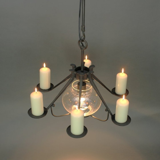 Image 1 of Manfred Bergmeister (1927-2019) - Brutalist handmade wrought bronze pendant lamp / six light candelabra