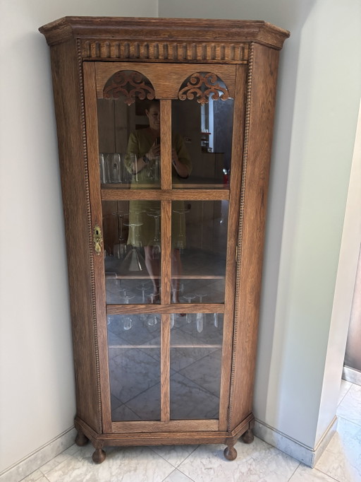 Antiker Eckvitrine aus Eiche von Denby & Spinks Leeds – vitrinekasten, Glass, Wood