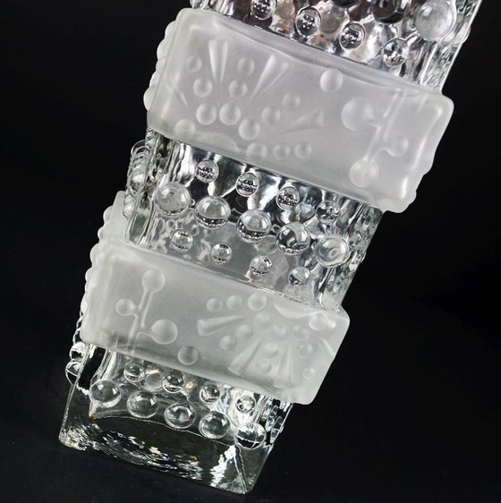 Image 1 of mid century modern GLASS VASE, block vase, textured surface, relief decoration, clear glass, satin glass