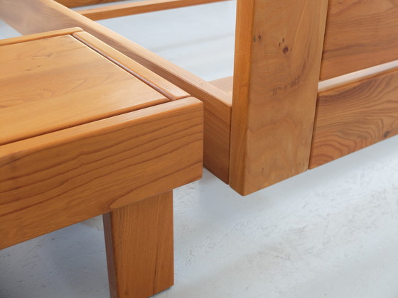 Image 1 of Bed frame and bedside tables, set of 3, solid elm wood, Regain France certified edition, year 1980