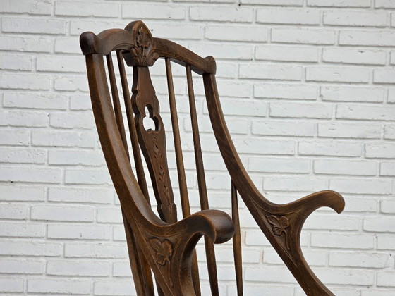 Image 1 of Deense fauteuil met hoge rugleuning, opnieuw bekleed, meubels koeienhuid, eiken.