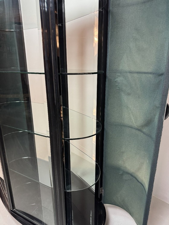 Image 1 of Rare Mid-Century Italian Design Glass Display Cabinet with White Leather Doors in Black Wooden Frame by Rossi di Albizatte. 