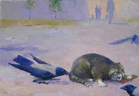 Original Oil Painting Animals Cat Birds Raven Strategy – Paintings & Drawings, Canvas (photo 5 of 8)