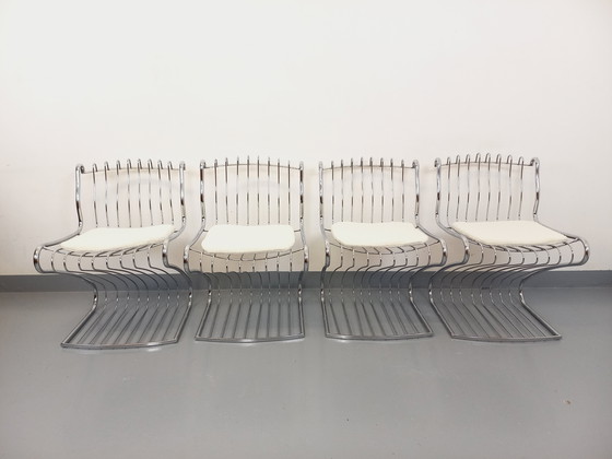 Image 1 of Suite van 4 Gastone Rinaldi Vintage Italiaanse stoelen in verchroomd metaal en Bouclettes stof uit de jaren 70