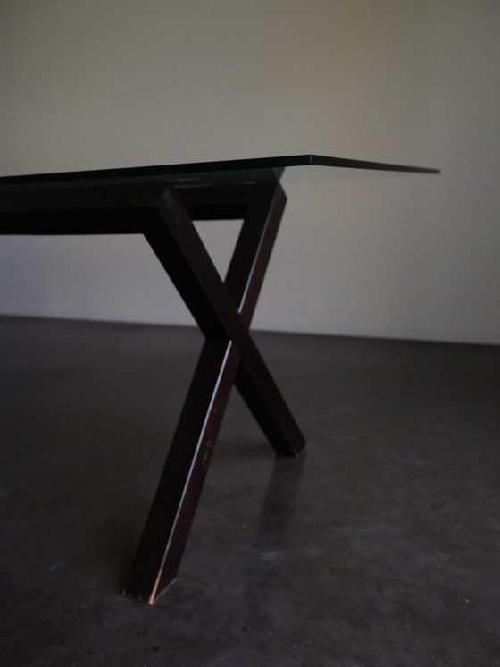Image 1 of Glass dining table with wooden base 200x90cm