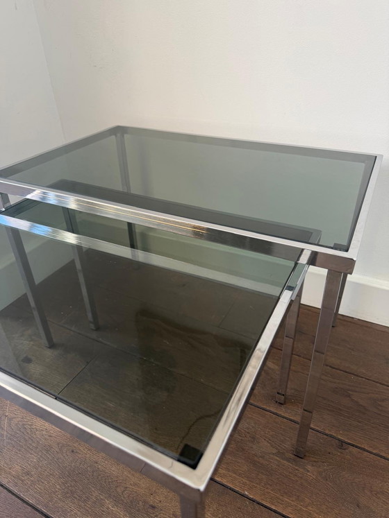 Image 1 of Vintage design bijzettafels / miniset chroom blad van (rook) glas 